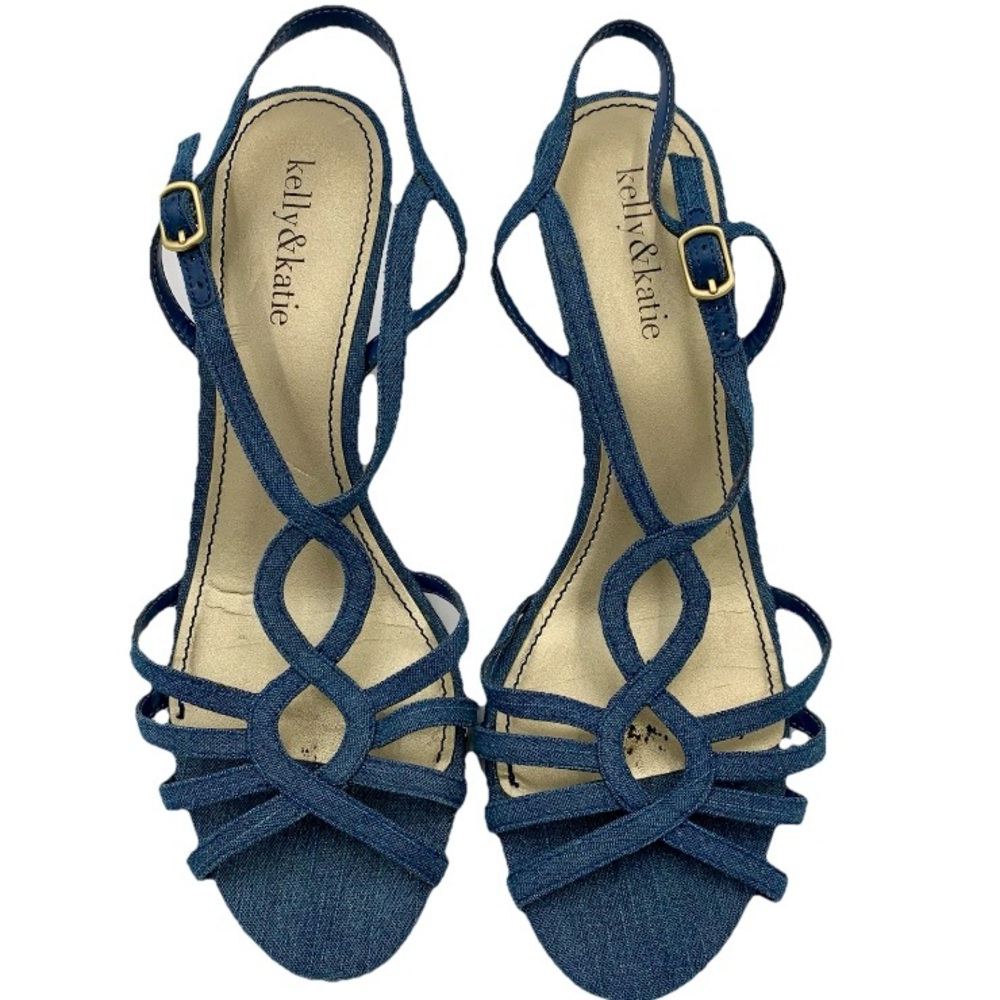 Kelly & Katie Denim Sandals Nessie Women Sz 10‎ Strappy Wood Heel Wedges Preppy
